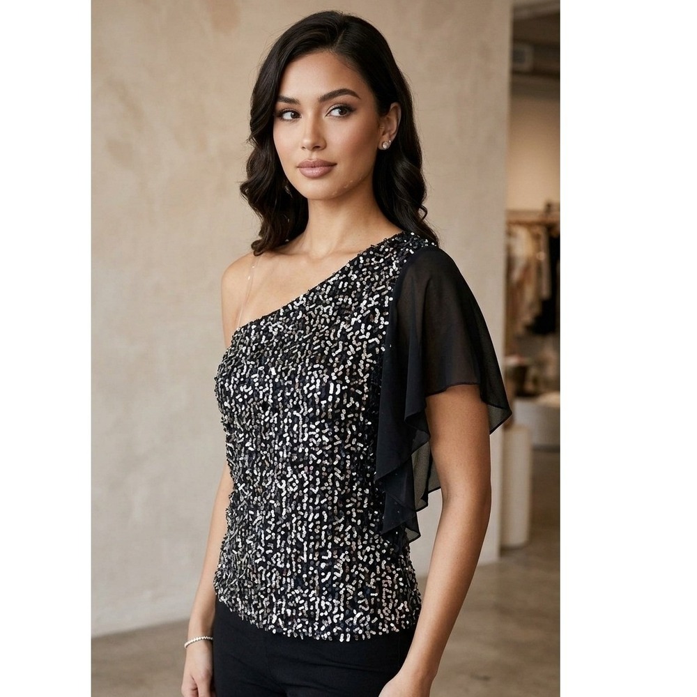 NWT‎ Dressbarn One Shoulder Sequin Top Black Silver Flutter Sleeve Petite L